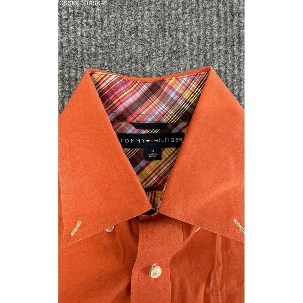 Tommy Hilfiger Mens Long Sleeve Button Down Shirt Orange Plaid Trim Contrast - M